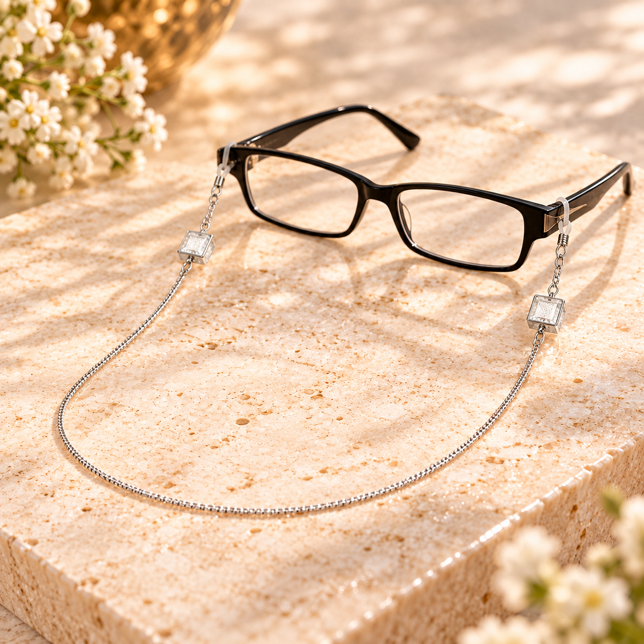 Silberfarbenes Brillenband mit quadratischen Glaselementen